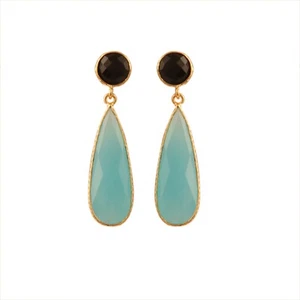 Sky Blue Chalcedony Onyx Gold Plated Long Bezel Statement Pear Drop Stud Earring - Picture 1 of 3
