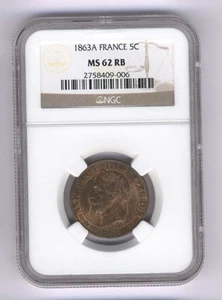 FRANCE NAPOLEON III 1863-A 5 CENTIMES COIN UNCIRCULATED, NGC CERTIFIED MS-62-RB - Picture 1 of 2
