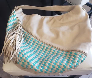 Big Buddha Turquoise & Taupe Slouchy Hobo Bag, Faux Leather, Woven Tote, XL - Picture 1 of 9