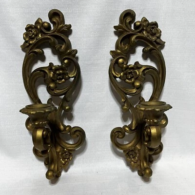 Juego de 2 candelabros aplique de pared ornamentado dorado de colección Homco #4118 hecho en EE. UU. Foto 1 de 4