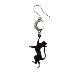Black Cat Crescent Moon Earring - Artisan Pewter Moondream Moon Single Earring - Picture 1 of 1