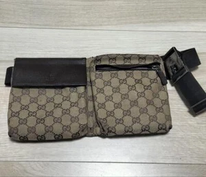 Auth GUCCI Waist Pouch Bum Bag Beige Brown Leather Canvas 28566 Good Condition - Picture 1 of 13
