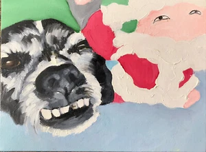 ORIGINAL Ölgemälde Sarah Silvermans Hund Annie mit weihnachtlichem Plüschtier! - Bild 1 von 1