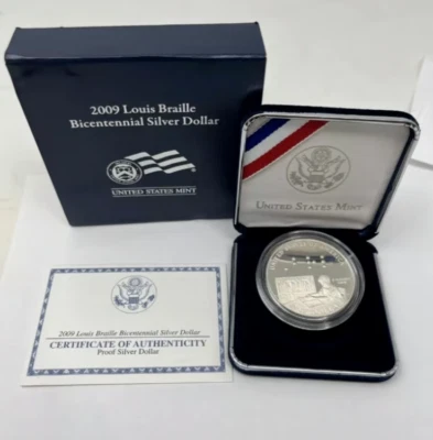 2009 US Louis Braille Bicentennial Proof  Silver Dollar in Case W/ COA #0094 - Image 1 of 3
