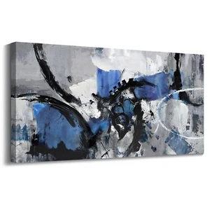 Large Abstract Wall Art - Canvas Wall Art in Blue and Black Tones, Framed Gra... - Picture 1 of 7