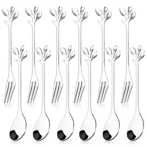 12pcs Stainless Steel Gold Leaf Coffee Spoon and Cake Fruit Forks Kitchen Acc... - Picture 1 of 7