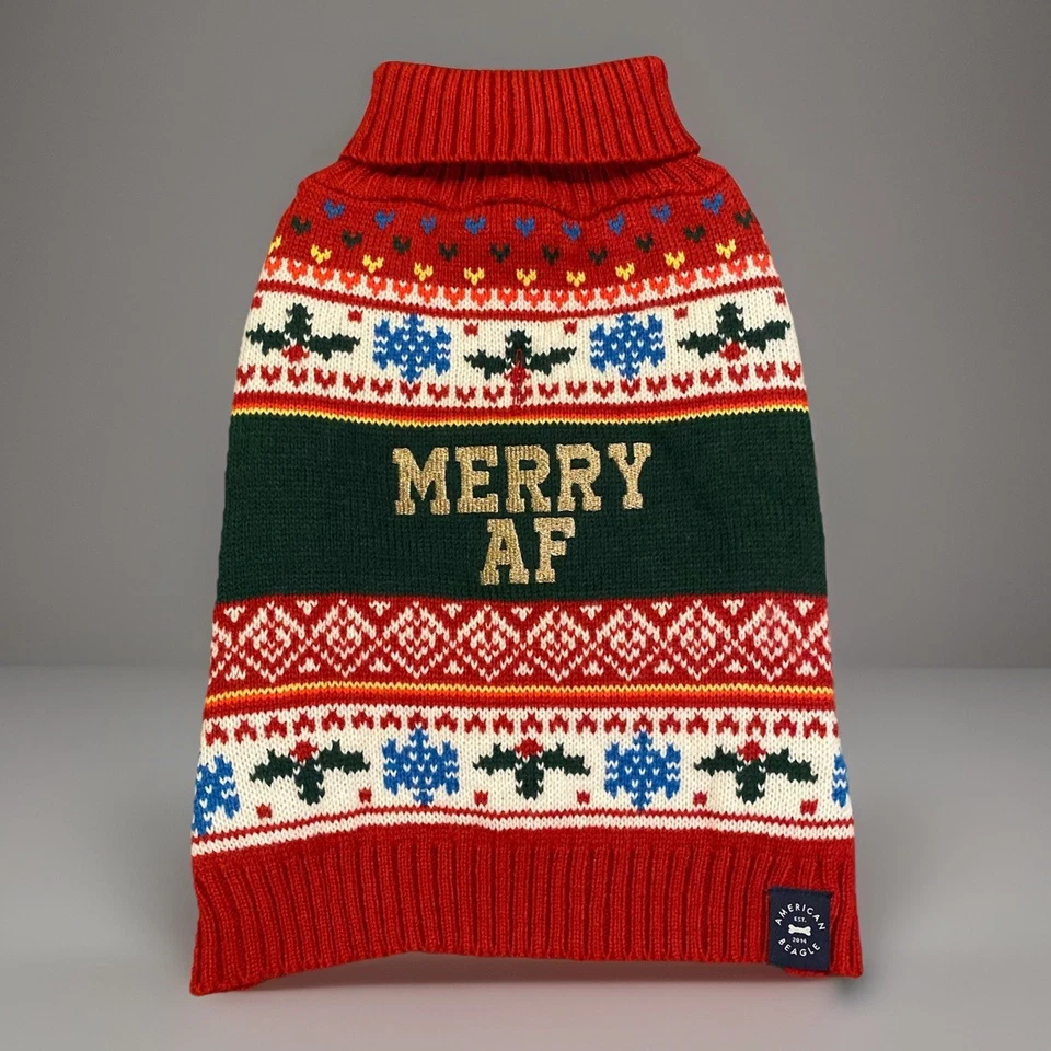 ABO American Eagle MERRY AF Dog Pet Christmas Holiday Sweater S Small Snowflakes - Image 1 of 4