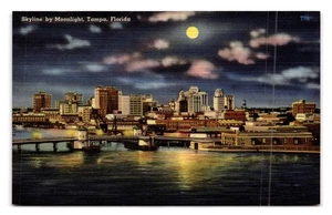 Postal de lino Skyline de colección por Moonlight Tampa Florida Tichnor Bros - Imagen 1 de 2