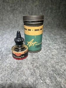 Vintage Post schwarze Zeichentinte 3/4 Unzen Flasche mit Original Aufbewahrungsbehälter - Bild 1 von 5