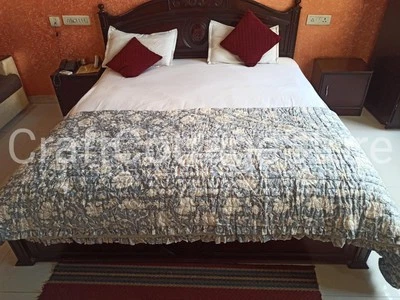 Handmade Indian Kantha Hand Block Print Gray Floral Jaipur Razai Quilt King Size - Image 1 of 4