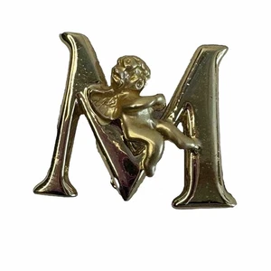 Vtg Signed L RAZZA Gold Tone Metal 3d Angel Monogram Initial M Brooch Pin - Picture 1 of 5