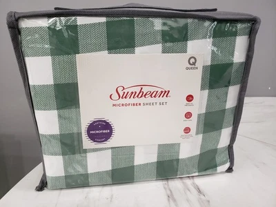 NUEVO Juego de zapatos de cama Sunbeam Queen verde blanco a cuadros a rayas cabina cabaña Navidad Foto 1 de 4