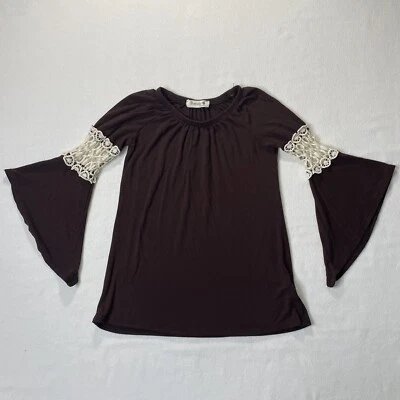 Pomelo Girls Brown And Ivory Lace Long Wing Sleeve Shirt Sz XS - Image 1 of 4