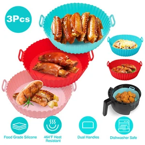 3PC Reusable Round Air Fryer Silicone Pot 464°F Heat Resistant Baking Basket Pan - Picture 1 of 12
