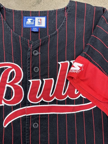 Chicago Bulls Starter Vintage 90's Black Red Pinstripe Baseball Jersey Size 2XL Cover