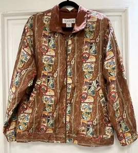 VINTAGE LAVON SILK JACKET SIZE MEDIUM BUCKLES TRAVEL STICKER PRINT - Picture 1 of 4