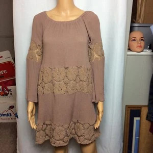Umgee Mocha Lace Trim Long Sleeve Mini Dress Boho Romantic - Picture 1 of 4