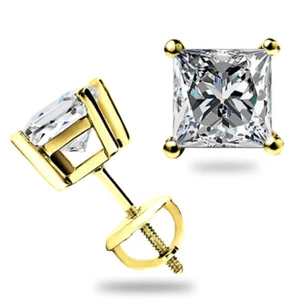 0.80 Ctw Princess Cut Lab Created Stud Earrings Solid 14K Yellow Gold Great Gift - Picture 1 of 3