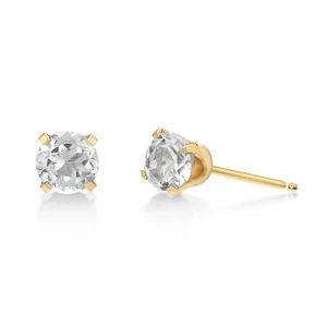 14K Yellow Gold Round White Topaz Stud Earrings for Women with Push Backs - 5 mm - Picture 1 of 8