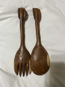 Hand Carved Wooden Elephant Vintage Salad Serving Spoon & Fork Tongs Wooden - Picture 1 of 4
