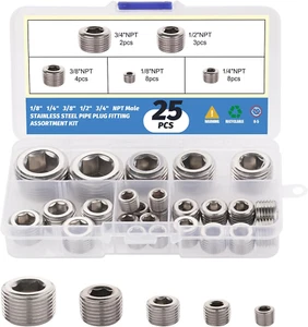 25-teiliges Edelstahl Rohrstopfen Fittings Sortiment Set, 5 Größen NPT Außengewinde - Bild 1 von 12