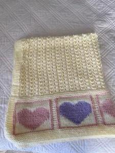 Hand knit yellow baby blanket with pink and Purple Hearts .Ideal for crib,bed. - Picture 1 of 9