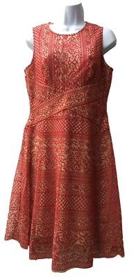 BCBG MaxAzria Red/Tan "Alice" Sleeveless Lace Embroidered Dress Womens Size 8 - Image 1 of 3