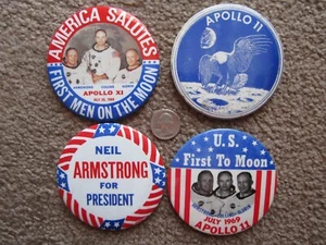 ORIGINAL 4er Set MAN On The MOON Pin Vintage Button APOLLO 11 Neil Armstrong - Bild 1 von 2