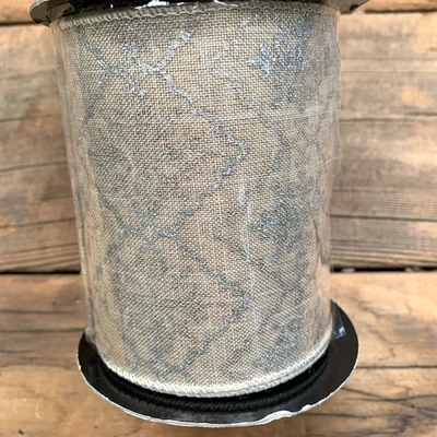 D.Stevens Ribbon Tan with Silver Sparkle Pattern 4"x10 Yards Wired - Image 1 of 4