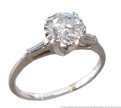 1.01ct Old Euro Cut Diamond Solitaire 18k White Gold Vintage Engagement Ring  - Image 1 of 4