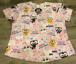 Miskits Scrub Top Cats Fun Pink W Colorful Cats “I Love My Attitude” Sz Med NwT - Picture 1 of 9