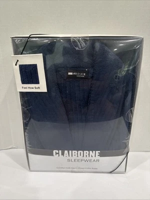 Claiborne Men’s Blue Cotton Shawl Collar Robe W/ Tie Belt - One Size Fits All - Image 1 of 2