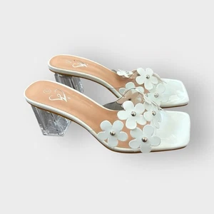 Windsor White Daisy Clear Lucite Heel Slides, Block Heel, NWT - Picture 1 of 7