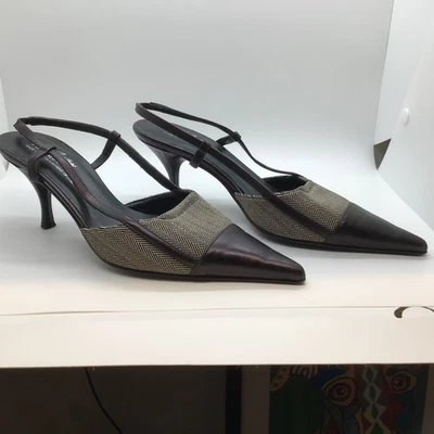 Donald Pliner Couture Slingback Pumps 7M Italy Herringbone Leather Pointed - Image 1 of 4