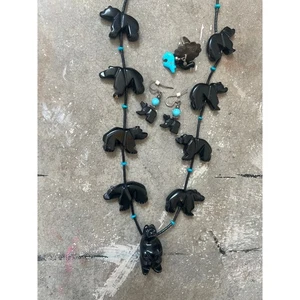 Vintage Black Onyx and Turquoise Bear necklace set Ring Earrings Jewelry - Picture 1 of 10