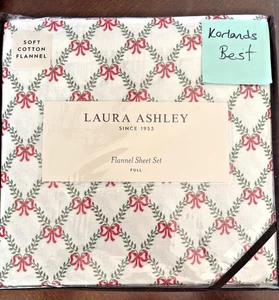 New Laura Ashley Full Flannel Bow Trellis Holiday Christmas Red Green Sheet Set - Picture 1 of 4