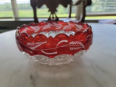 ANTIQUE EAPG RUBY RED STAINED OPEN DISH KINGS CROWN THUMBPRINT GORGEOUS VINTAGE  - Image 1 of 4