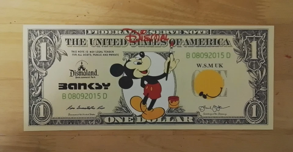 Billete de lienzo moneda lúgubre obra de arte Dismaland Banksy Glastonbury Peckham rock  Foto 1 de 2
