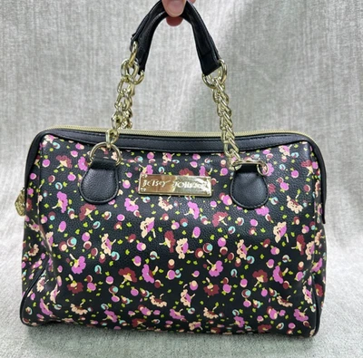 Bolso de Hombro Luv BETSEY JOHNSON Cartera Grande Negro Ditsy Floral Cadena Correa Usado en Excelente Condición Foto 1 de 4
