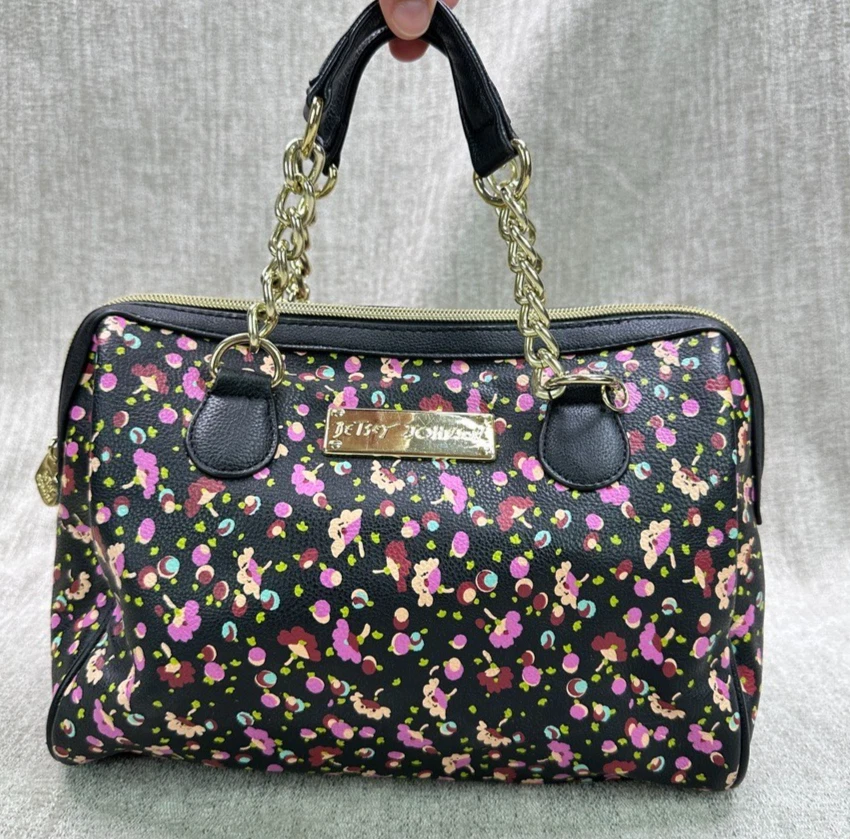 Bolso de Hombro Luv BETSEY JOHNSON Cartera Grande Negro Ditsy Floral Cadena Correa Usado en Excelente Condición Foto 1 de 4