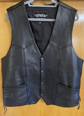 UNIK Men's 50 Genuine Leather Black Biker Vest Lined, Heavy Weight, 4 Pockets - Image 1 of 4