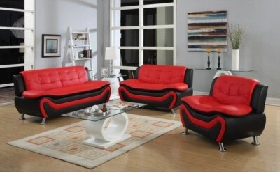 NEW Sofa Loveseat Chair Set Black Red Leather Gel 3PC Modern Living Furniture  - Image 1 of 4