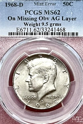 MISSING SILVER/CLAD LAYER ERROR! PCGS MS-62 1968-D KENNEDY HALF DOLLAR - Image 1 of 3