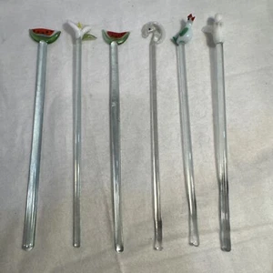 6 Vtg Cocktail Swizzle Sticks Hand Blown Glass Drink Barware Party Angel Lily - Picture 1 of 11
