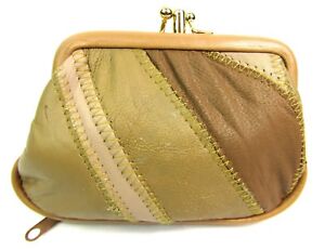 New Ladies Small Genuine Leather Patchwork Purse Clip Top Twin Pocket Bottom Zip