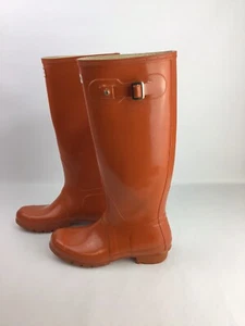 HUNTER ORIGINAL TALL RAIN BOOTS SZ 8M  BURNT ORANGE SHINY CASUAL RAINBOOTS - Picture 1 of 6