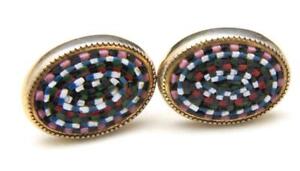 Vintage Gold Tone Glass Micro Mosaic Oval Cufflinks Pink Blue White Black Green