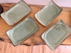 RARE Korean Set (4) Oayang GREEN Stoneware 9"x5" Plates Platters Glazed Pottery - Picture 1 of 9