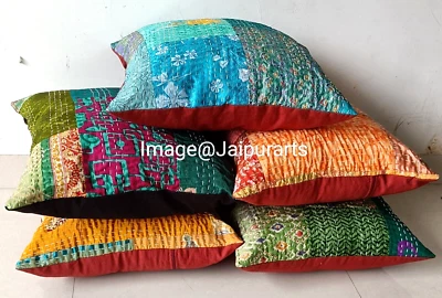 5 Pcs Patchwork Kantha Pillow Cover Vintage Handmade Cotton Cushion Cover 18x18" - Image 1 of 4