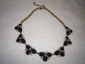 Signed J. Crew Gold Tone Blue Rhinestone faux opals Costume Necklace Adjustable - Picture 1 of 8